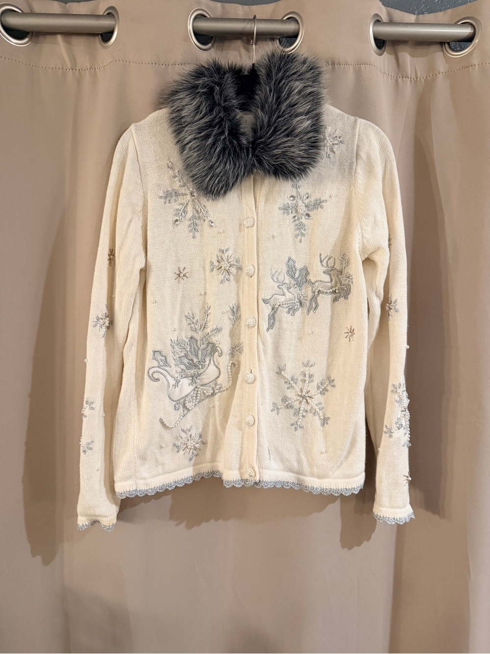 Kikit Cream Embroidered Holiday Cardigan with Faux Fur Collar